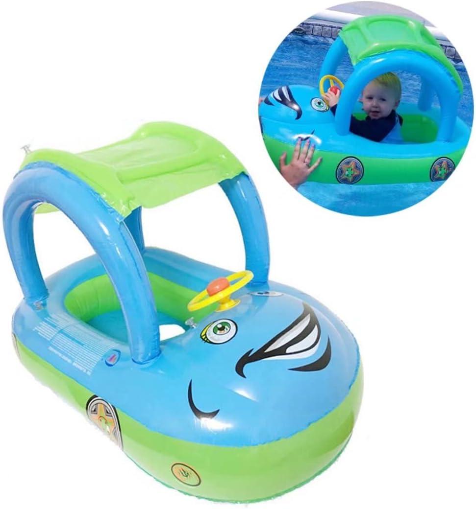 Baby Pool Float with Canopy Summer Steering Wheel Sunshade Swim Ring Car Inflatable Toys Infants Float Seat Boat for Kids Toddlers (light blue)