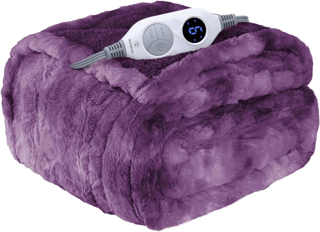 Electric Heated Throw Blanket, Faux Fur with 6 Heating Levels & Auto Off, Soft Cozy Sherpa Washable Blanket (50" x 60", Purple)