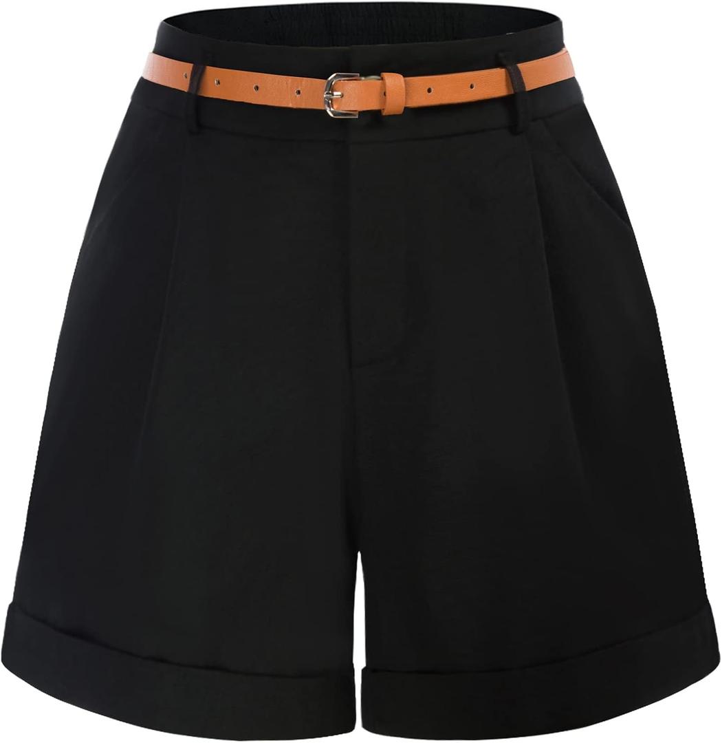 Belle Poque Women Bermuda Shorts Elastic Waist Wide Leg Shorts with Pockets & Belts (X-Large, Black)