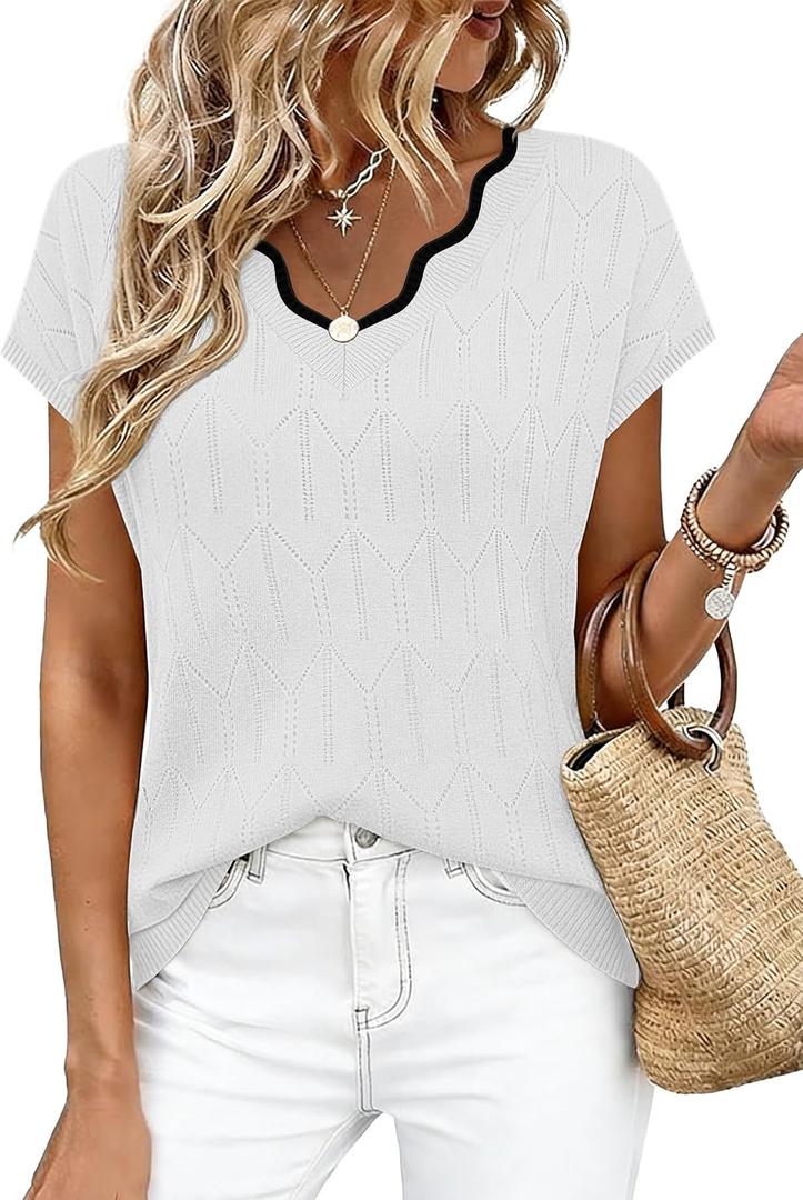 WIHOLL Womens Summer Tops Cap Sleeve Sweater V Neck Shirts Beach Vacation Clothes Business Casual Fashion Clothing (White, L)