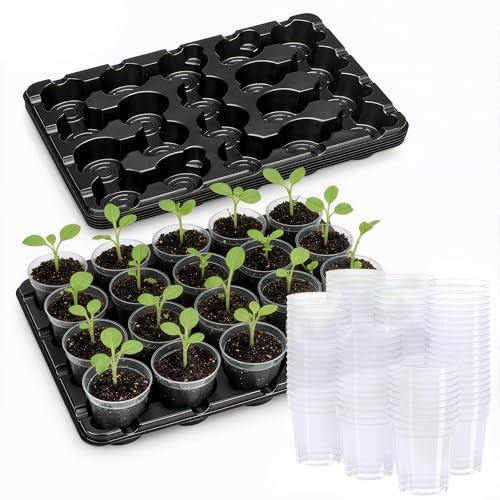 homenote 3 Inch Seed Starting Trays with Clear Nursery Pots, 5-Pack 20-Cell Seedling Starter Trays & 3" Nursery Pots 100 Pcs with Drainage, Plant Starter Germination Trays for Indoor Outdoor Growing