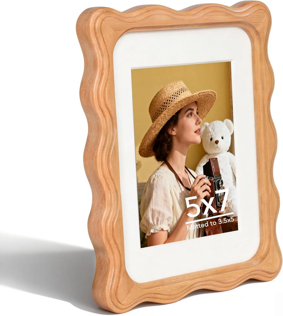 5x7 Picture Frame with 3.5x5 Mat, Natural Solid Teak Wood Tabletop Only Display with Plexiglass, Wavy Edge Photo Frame for Desktop & Countertop Decor, Scalloped Edge