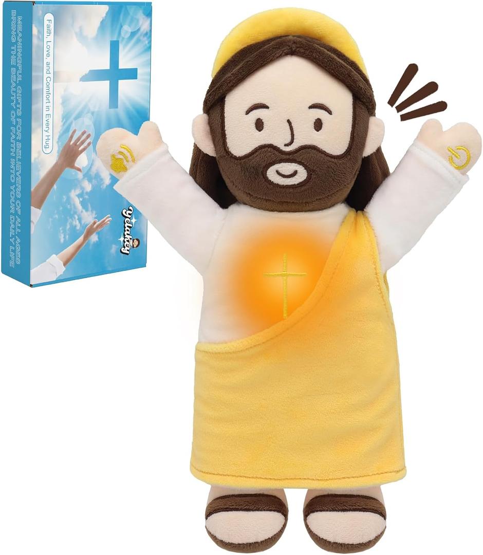 Talking Jesus Plush Toy with Glow, Resurrection of Jesus Speaks Bible Verses Story Songs, Jesus Stuffed Doll with Greeting Card, Plushie Suitable for Easter Christmas Baptism Gift