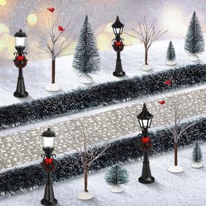 Hotop 18pc Christmas Village Accessories 47.2 Inch Village Roads Mini Snowy Trees Streets Light Lamppost Hedge Figurines Set for Display Winter Holiday Decorations DIY Crafts No Batteries(Cute)