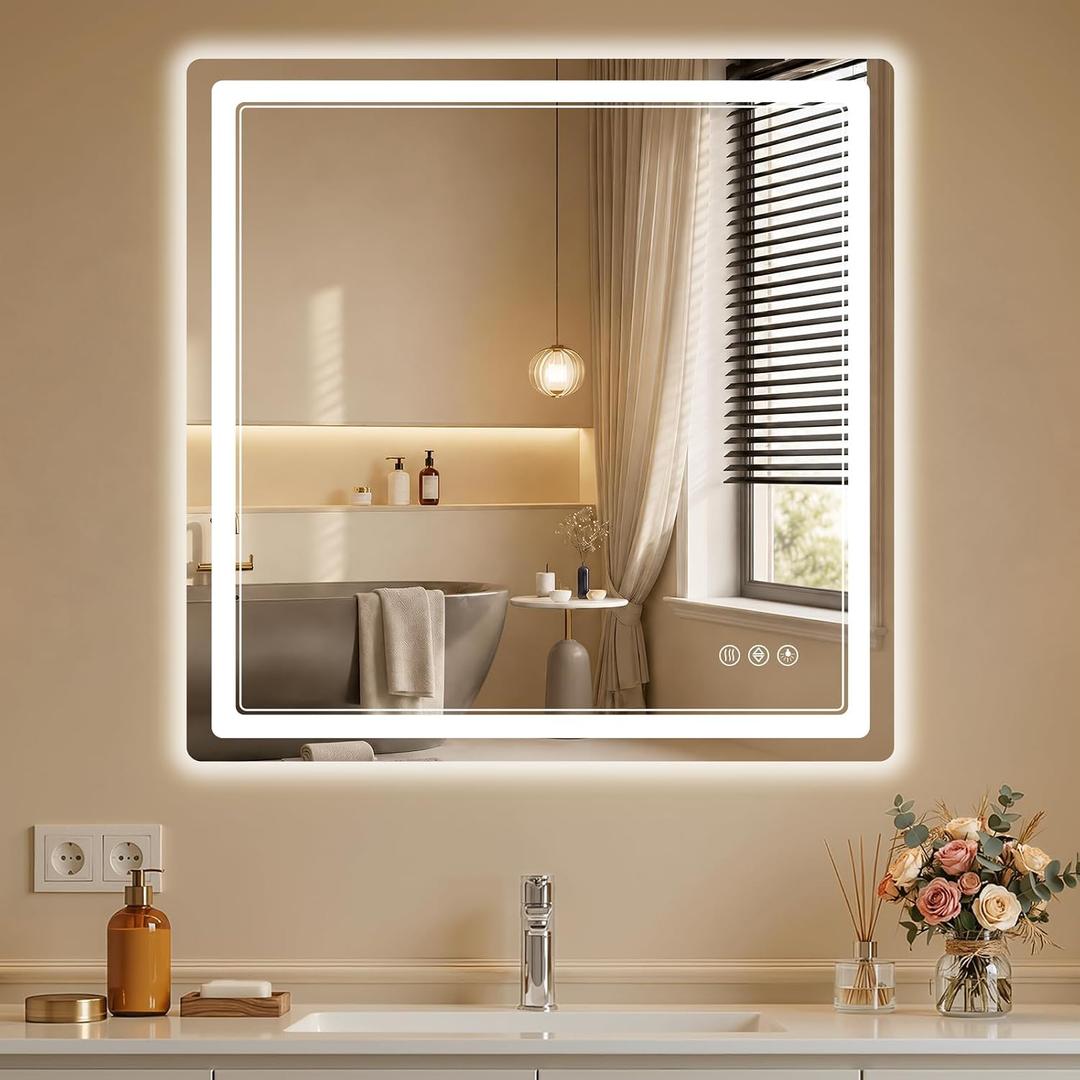 BEAUTYPEAK 30"x30" LED Bathroom Mirror with Lights, Backlit + Front Lit, Anti-Fog, Lighted Bathroom Mirror for Wall, HD Shatterproof Tempered Glass, Dimmable, Memory Function (Horizontal/Vertical)