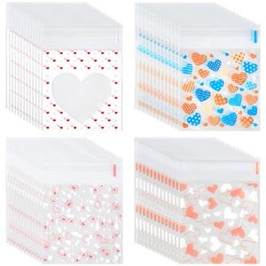 Ohuimrt 400PCS Valentine's Day Cookie Bags, 4 x 4 Inch Self Adhesive Clear Cellophane Treat Bags Heart Printed Small Candies Bags Bulk for Valentine Party Favor Supplies in 4 Designs