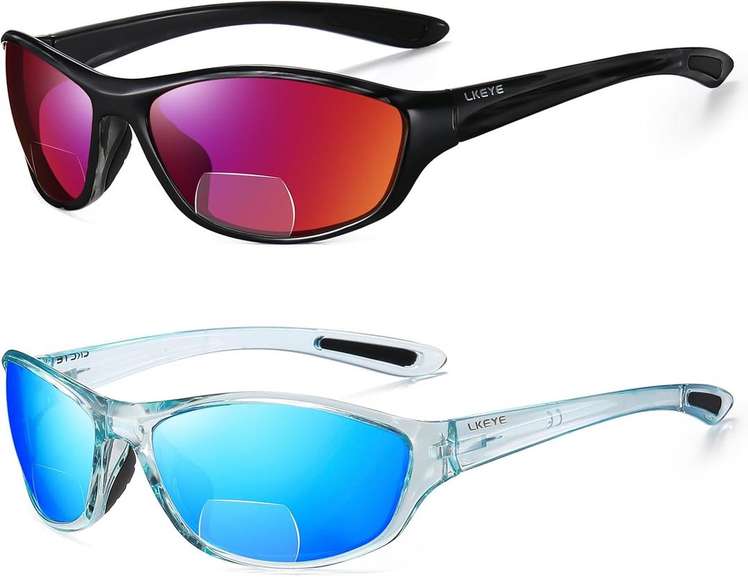 LKEYE Bifocal Reading Sunglasses Men Women Sports Style Sun Reader Wrap Around Build-In UV Protection Driving glasses LK6092, Bifocal Sun（c3blue+c4red), 2.5 Diopters