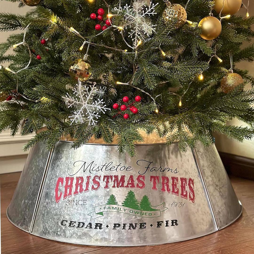 29" Galvanized Christmas Tree Collar for Pencil Tree, Round Metal Tree Collar with Silk Screen Design, Pet-Proof Christmas Tree Collars for Artificial Trees, Secure & Reusable Holiday Decor