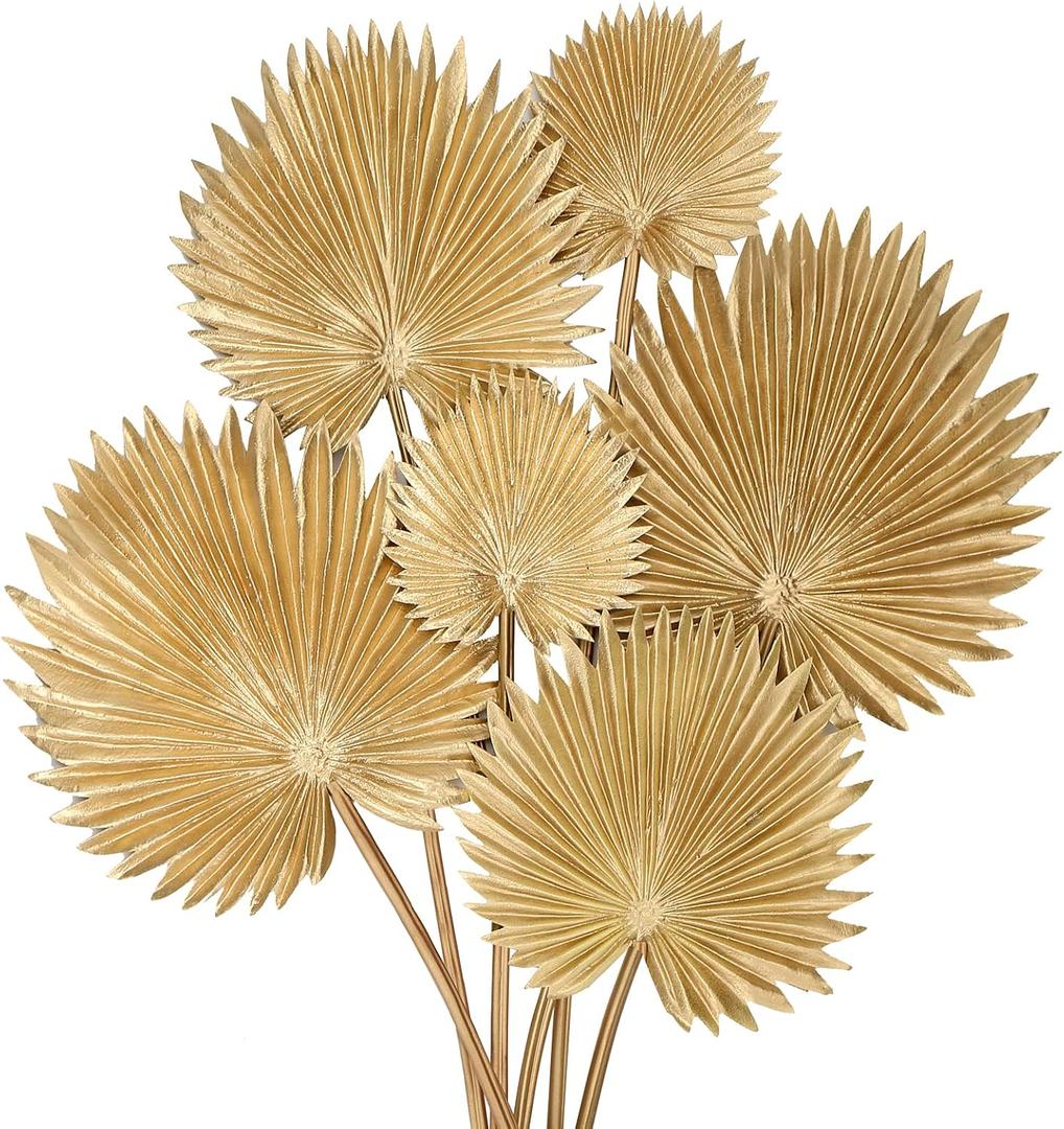 DILATATA 6 Pcs Pu Foam Artificial Gold Palm Leaves Faux Palm Tropical Leaves Fake Palm Fronds for DIY Wedding Bouquets Fake Leaves for Centerpieces Arrangements Palm Leaf for Party Home Decorations