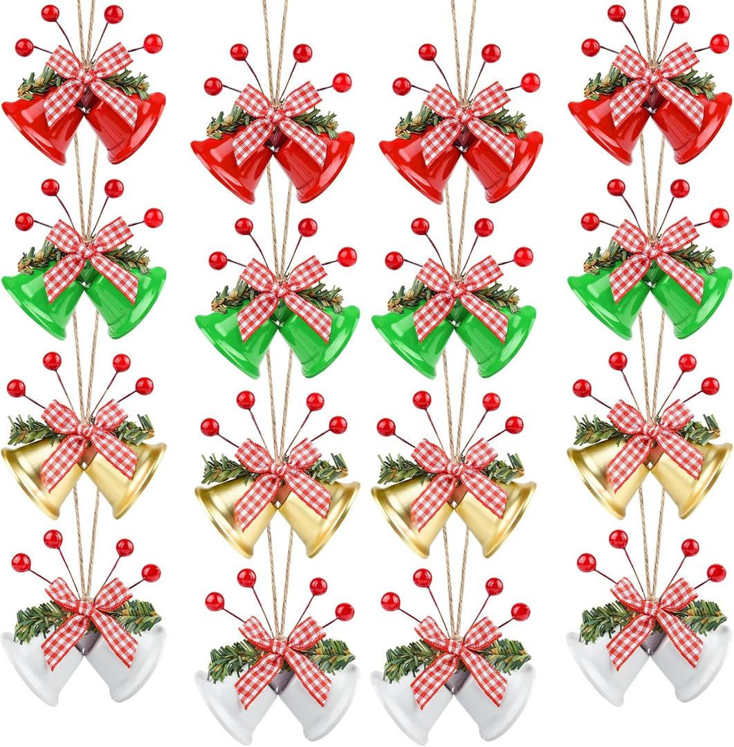 ASTARON 12 Pcs Christmas Bell Ornaments Xmas Tree Hanging Ornaments Jingle Bells with Holly Berries for Christmas Wreath Crafts Holiday Tree Decorations (Mixed Colors) (Red, Green,white, Gold)