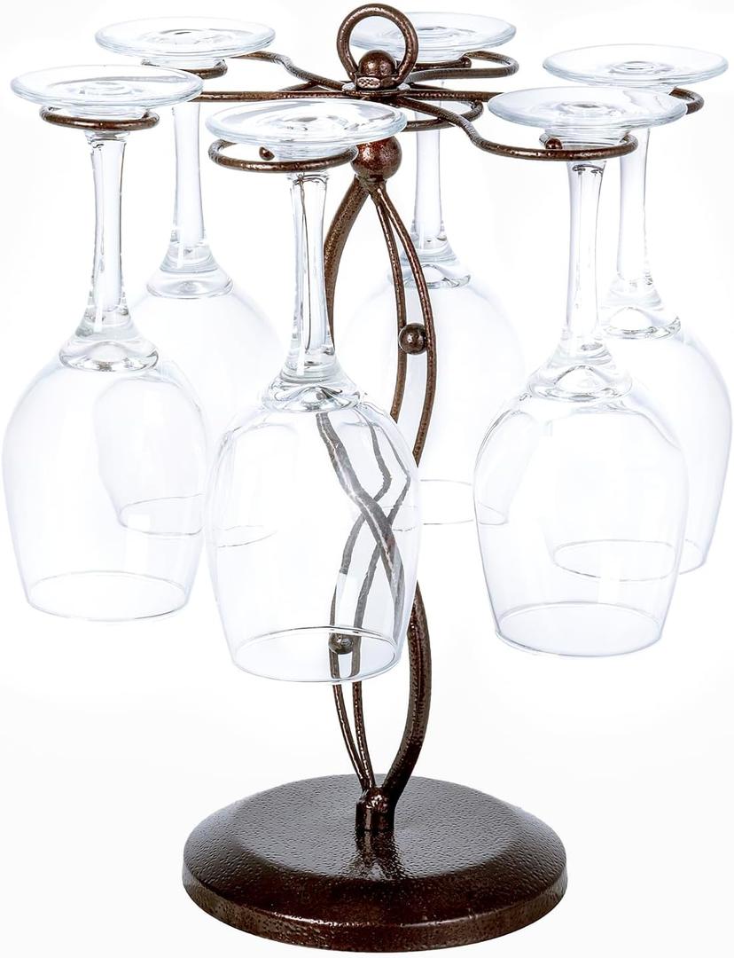 MyGift Bronze Metal Countertop Wine Glass Holder with Scrollwork Design, Freestanding Tabletop Stemware Storage Rack with 6 Hooks
