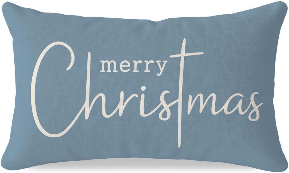 PANDICORN Christmas Pillow Covers 12x20 Inch, Dusty Blue Xmas Lumbar Decorative Cushion Case, Subtle Winter Decor for Bedroom or Sofa Couch