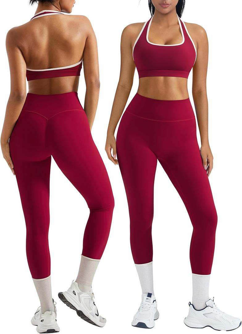 OMKAGI 2 Piece Workout Sets for Women Halter Sports Bras Gym Sets Booty Leggings Outfits (Medium, 524-red Plum White Piping)