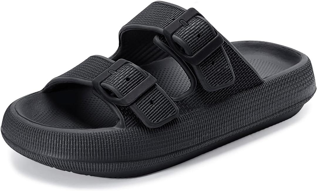 Weweya Sandals for Women and Men - Pillow Slippers - Double Buckle Adjustable Slides - EVA Flat Sandals (5.5-6.5 Women/3.5-4.5 Men, Black)