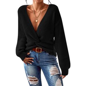 Pink Queen Women's 2025 Casual Pullover Sweaters Sexy V Neck Long Sleeve Twist Knot Cropped Knit Sweater Tops, Black, Small