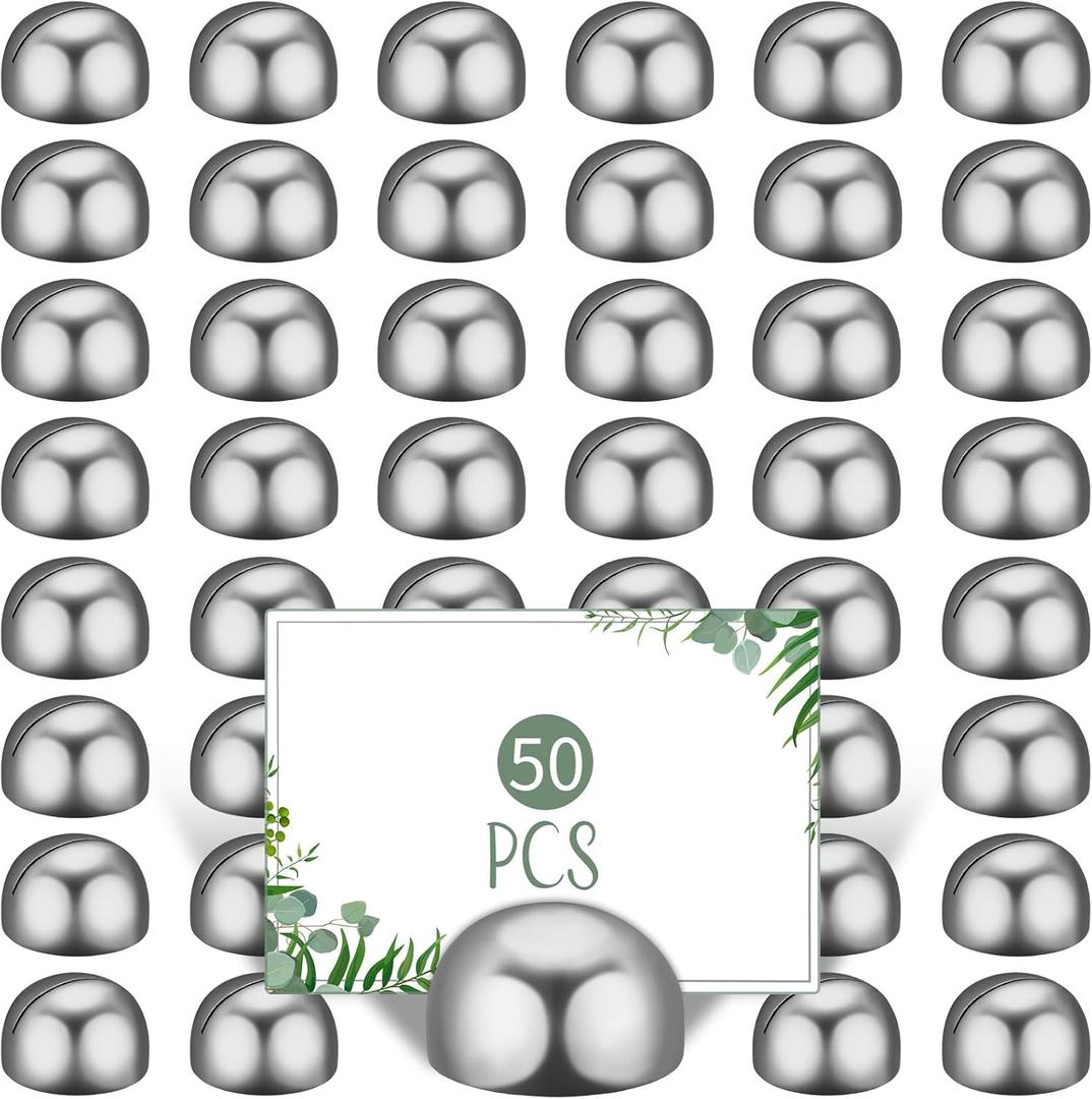 Geyoga 50 Pcs Table Number Holder Round Place Card Holders Wedding Table Number Stands Modern Place Card Stands Setting Clips for Funeral Wedding Reception Anniversary Birthday Party Banquet(Silver)