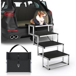 Dog Stairs for Car, Foldable Dog Ramp for Car with Non-Slip Surface, Portable Stairs Aluminum SUV, High Beds, Truck, Supports up to 250 lbs, 4 Steps