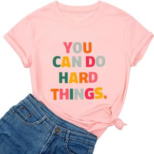 Ykomow You Can Do Hard Things Teacher T Shirt Womens Let it Be Live Happy Happiness Graphic Tees (Pink, L)