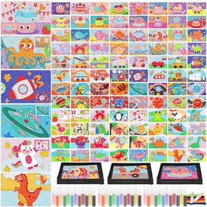 Tenceur 173 Pcs Kids' Sand Art Kits Color Sand Art Pictures Peel and Stick 12 Color Kit Painting Board Painting Tray Brush Bottles(Transportation, Animal, Dinosaur, Universe, Underwater, Dessert)
