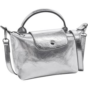 Long Keeper Small Crossbody Bag for Women Metallic PU Leather Shoulder Bag Mini Tote Handbags Zipper Top Handle Hobo Purse
