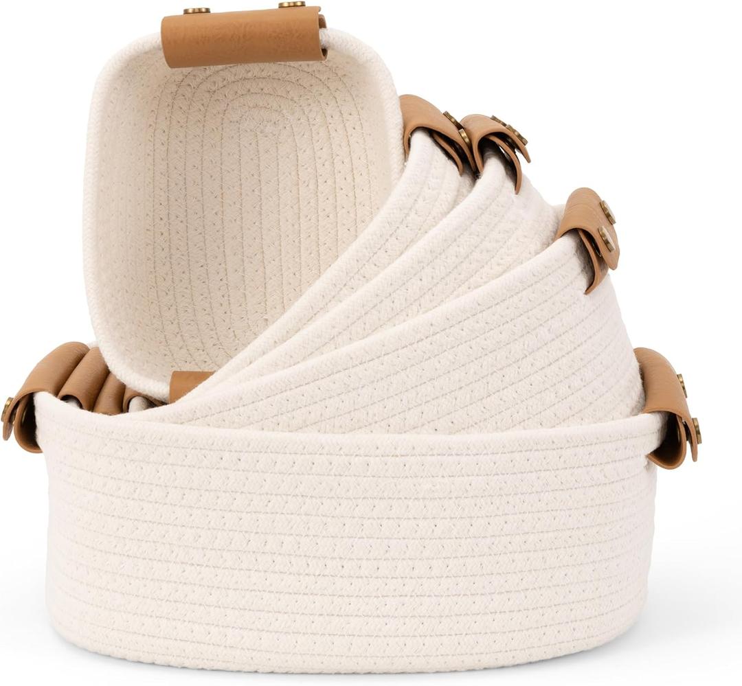 Beautiful Storage Basket Set of 5 - Sturdy Cotton Rope Baskets for Shelves Are Perfect for Organizing Your Home - Quality Storage Bins Easily Fit With Any Nursery or Bedroom Decor (Beige)
