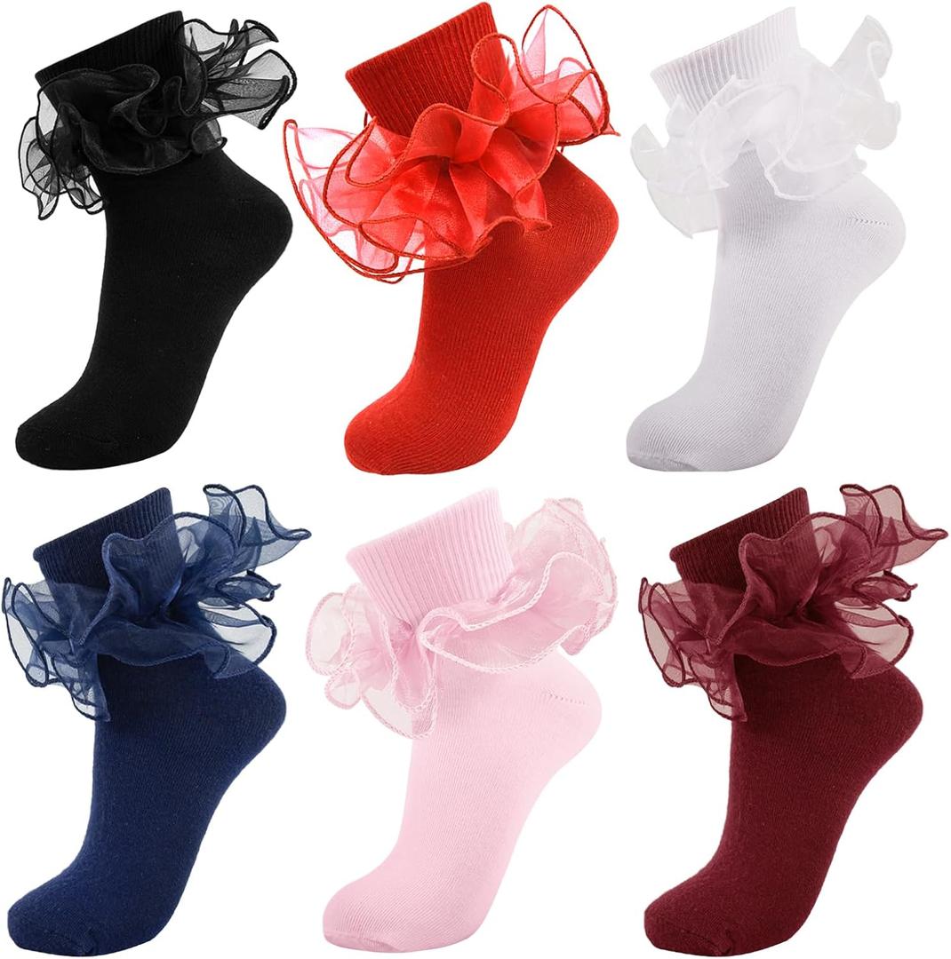 Women Big Ruffle Ankle Socks,Adult Double Lace Turn Cuff Cotton Frilly Dress Socks Cute Bobby Sock (9-11, 6 Pairs - Black,white,red,pink,burgundy,navy Blue)