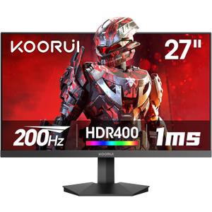 KOORUI Gaming Monitor, 27" 200Hz Fast IPS, FHD HDR400 Display Computer Monitor, 1ms PC Screen, 90% DCI-P3, Adaptive Sync, 75x75 mm VESA Mountable, Tilt Adjustable, HDMI 2.0, DP 1.4