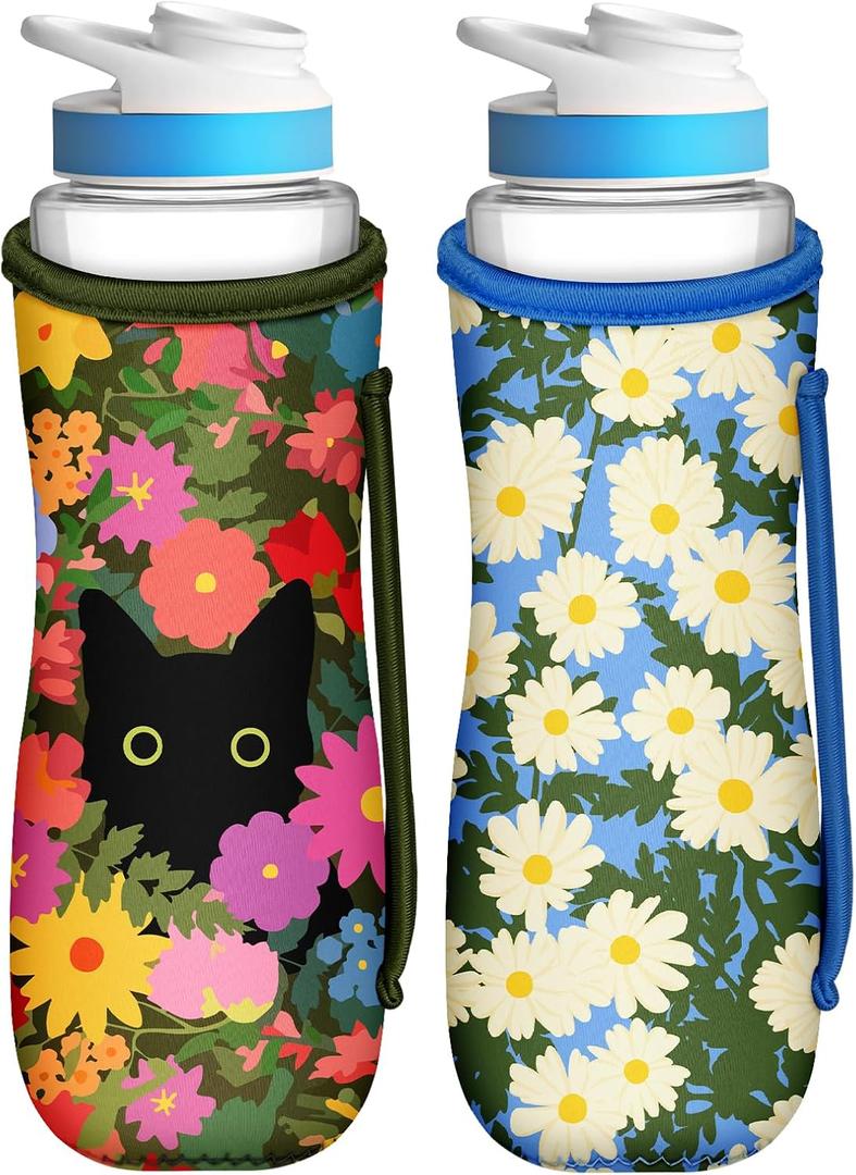 Toykee Water Bottle Sleeve for Cirkul 22 oz - 2 Pack Bottles Cover Holder Carrier Bag with Side Handle (Colors Flower Cat)