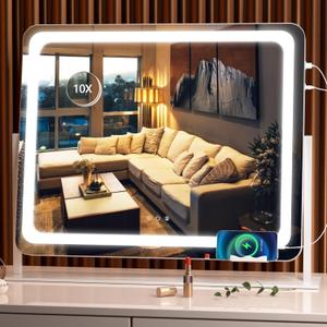 Hasipu Vanity Mirror with Lights, 24.2" x 18.9" LED Make up Mirror, Light up Mirror with 10X Magnification and USB Charging Port, Phone Holder, Smart Touch 3 Colors Dimmable, 360 Rotation (White)