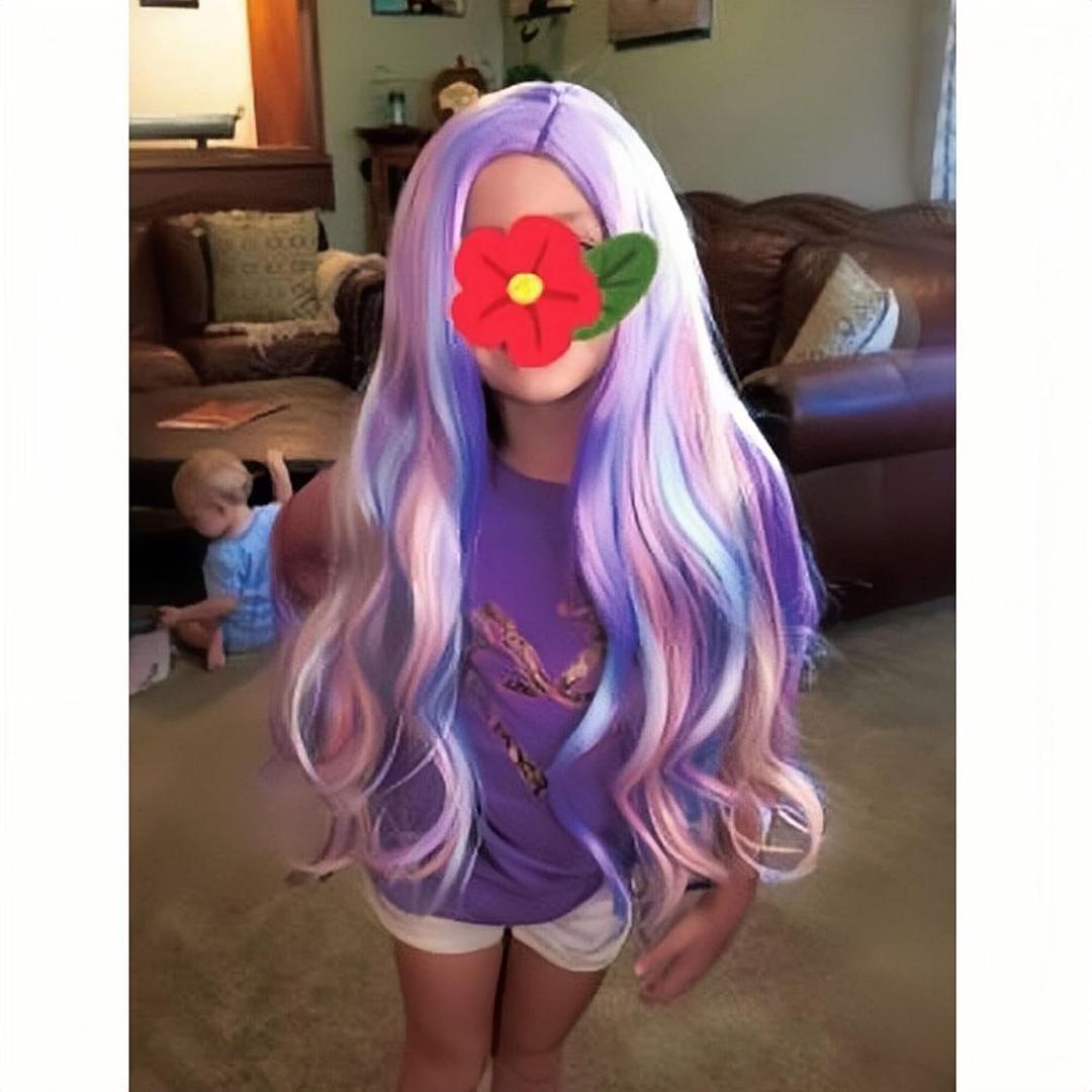 22 inches Long Rainbow Wig for Kids Girls Long Multi-color Wavy Curly, Lovely Color Synthetic Cosplay Hair Wig for Children with Hair Cap