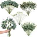 110 Pcs 7 Kinds Mixed Artificial Eucalyptus Stems and Faux Flowers,Fake Silver Dollar Eucalyptus Leaves Stems Bulk Real Touch Leaf Branches for DIY Bouquets Floral Arrangement Wedding Home Decor (Green)