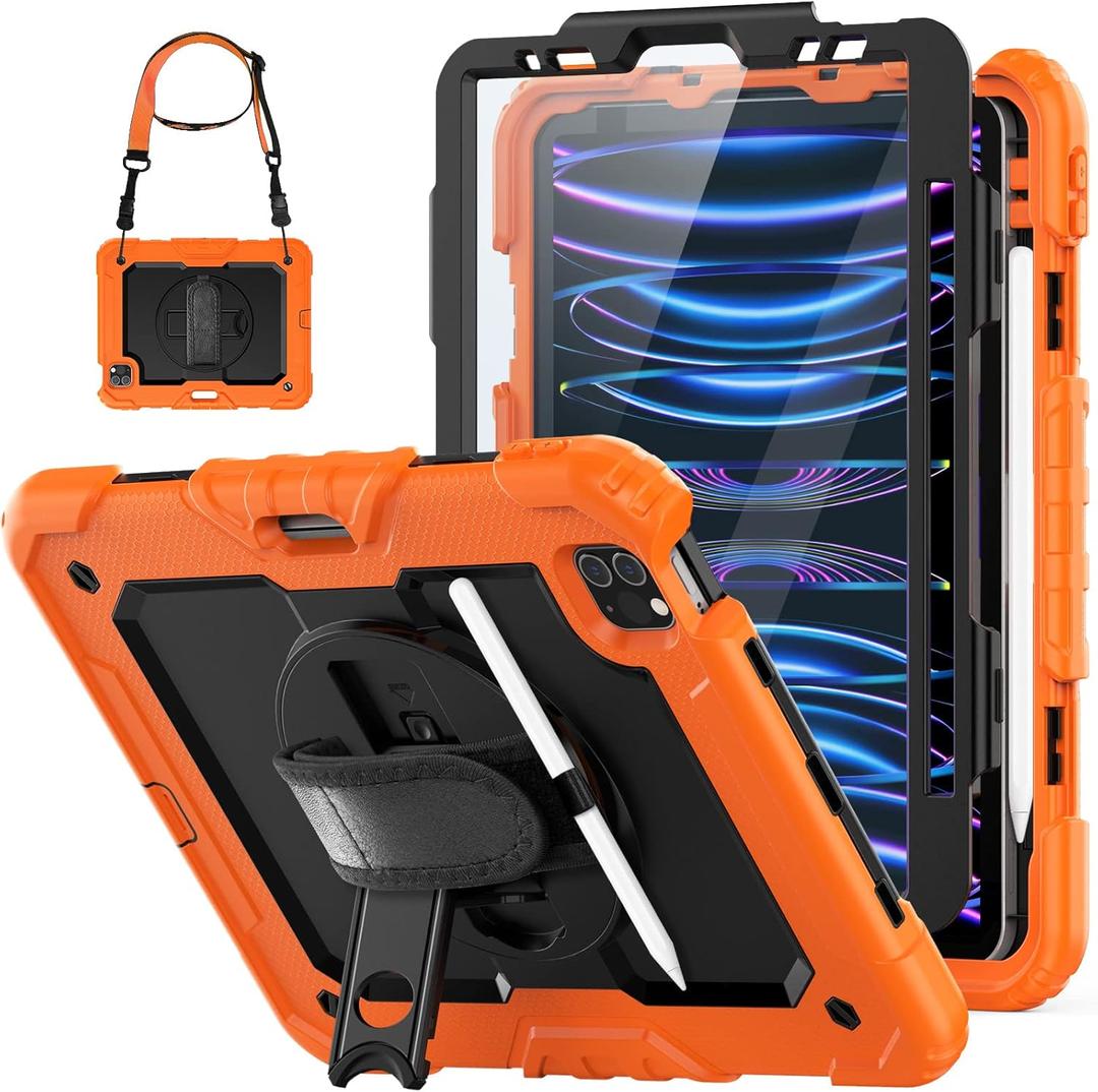 HXCASEAC Case for iPad Pro 11 Inch Case (2022/2021/2020/2018) Shockproof Design with Pencil Holder/Screen Protector/Rotating Hand Strap, Protective Cover for iPad 11 Pro 4th/3rd/2nd/1st, Orange