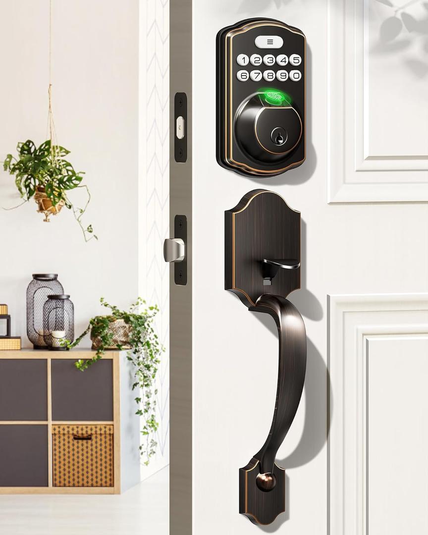 Veise Fingerprint Door Lock Set, Keyless Entry Door Lock, Front Handle Set, Electronic Keypad Deadbolt with Lever Handle, 2 Keys, Auto-Locking, One-time Codes, Easy to Install, Oil Rubbed Bronze