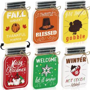 3PCS Reversible Thanksgiving Decor & Christmas Decorations Wooden Mason Jar, Winter & Fall Decorations for Home, Table, Fireplace Mantel, Shelf, Office Desk, Xmas Holiday Decorations