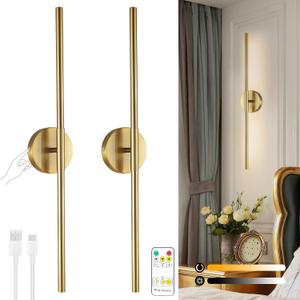 Wireless Battery Operated Wall Sconces with Remote, Gold Rechargeable Led Wall Lights Set of Two, Cordless Dimmable Battery Powered Wall Lamp Decor for Bedroom Living Room, 3 Color, 28 Inch
