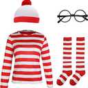 Adult Red and White Striped Shirt Women Funny Halloween Costumes Shirt Hat Socks and Glasses Suits (XX-Large)