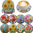 8 PCS Flowers Diamond Art Coasters Kits, Diamond Painting Coasters with Holder Set of 8, DIY Drink Coasters Art Crafts Supplies for Adults Cup Mat for Home Decor House Warming Gifts Non-Slip 3.9inch