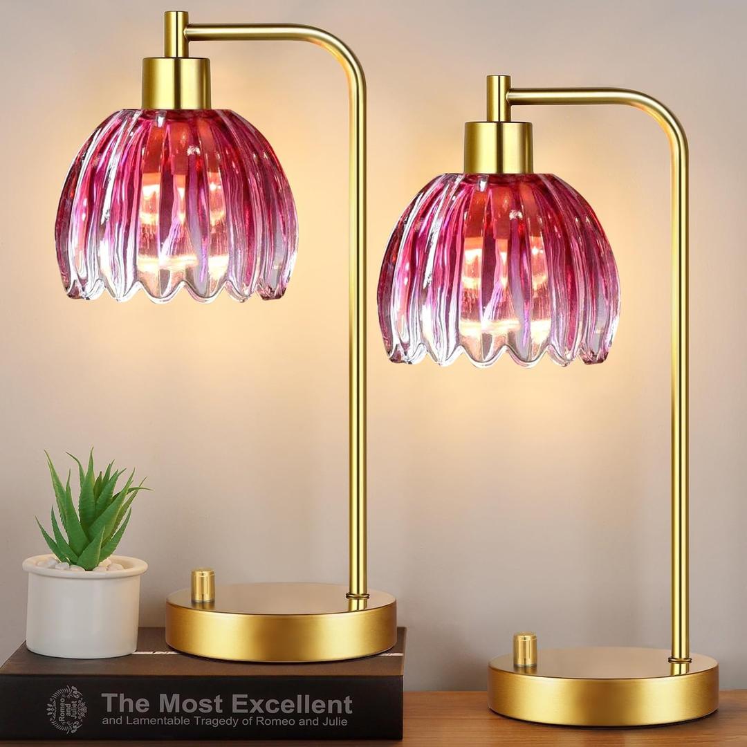ILLMTW Pink Table Lamp Set of 2,Small Gold Bedside Lamps Dimmable Boho Bedroom Lamp with Tulip Flower Glass Lamp Shade,Vintage Mid Century Modern Mini Nightstand Lamp for Kids Bedroom Living Room