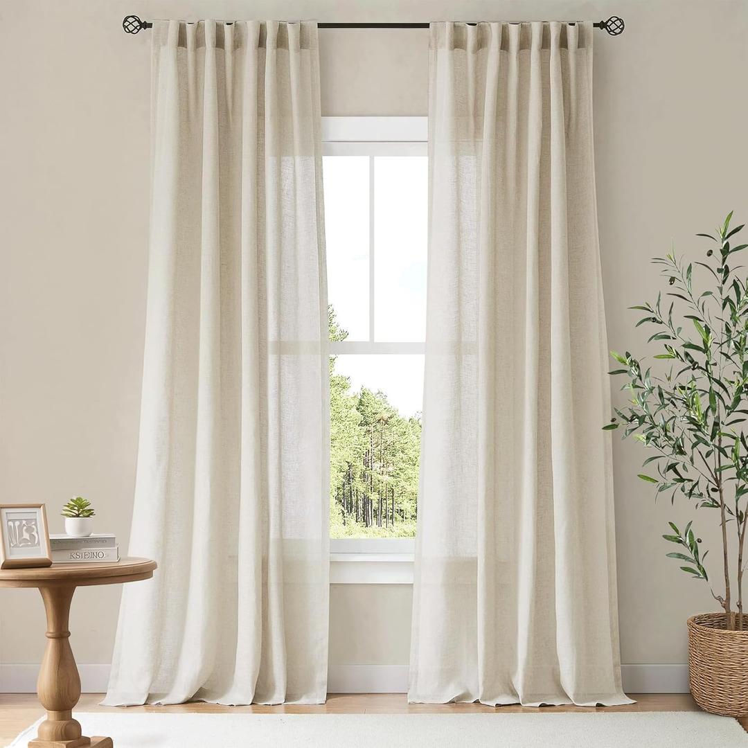 NICETOWN Natural Linen Curtains & Drapes for Windows 84 inch Long, Rod Pocket & Back Tab Thick Flax Semi Sheer Privacy Assured with Light Filtering for Bedroom/Living Room, W55 x L84, 2 Pieces