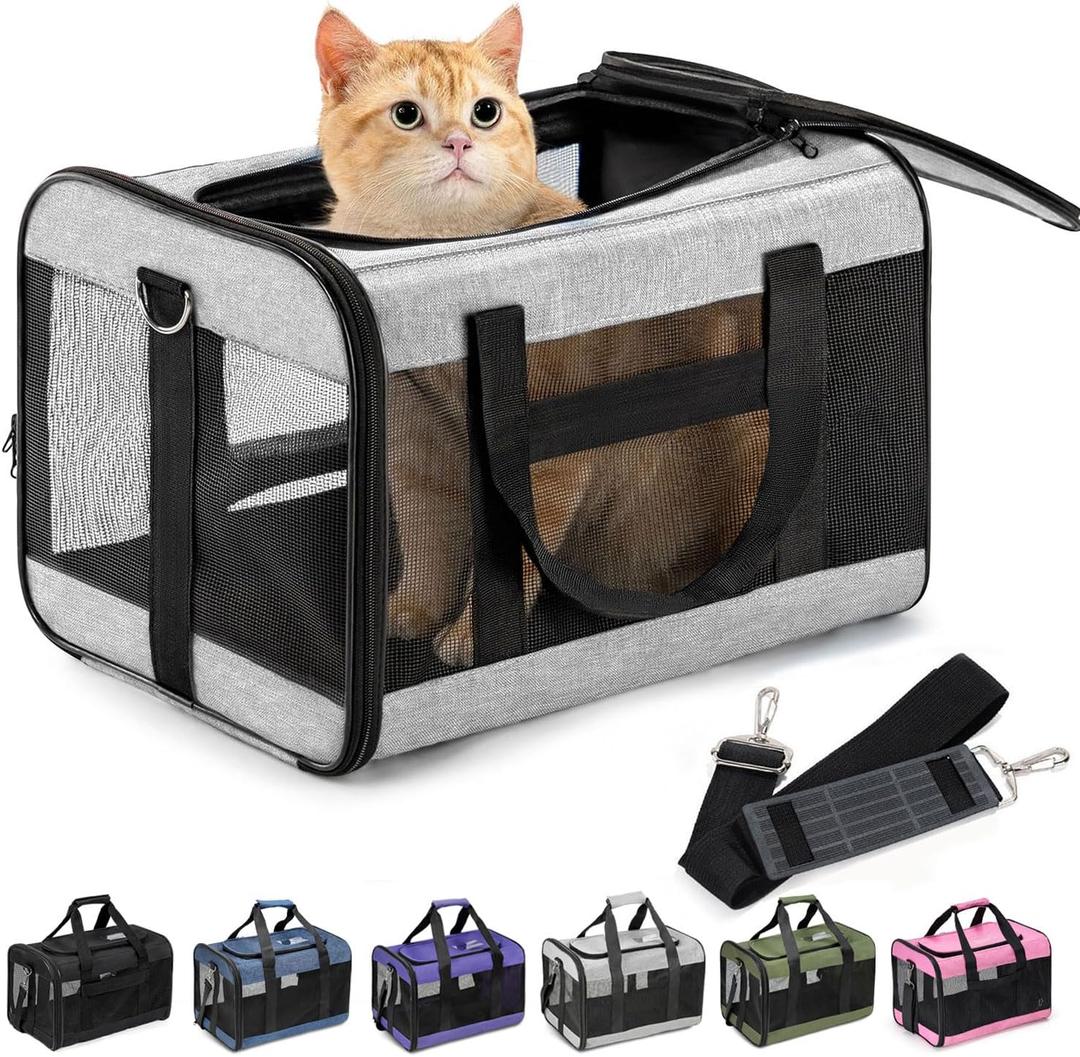 Conlun Cat Carrier Airline Approved, Soft-Sided Dog Carrier with Inner Safety Leash, Pet Transport Carrier for Small-Medium Cats Puppies up to 15 Lbs, Collapsible Travel Kitten Carrier Bag -Gray M