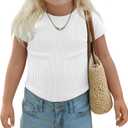 Halfchet Toddler Girls' Short Sleeve Shirts | Ribbed, Cotton, Crew Neck, Fitted, Tops, Summer, Casual, Basic, Tees, Back to School, Vacation, Outfit, for Babies 18M-5T