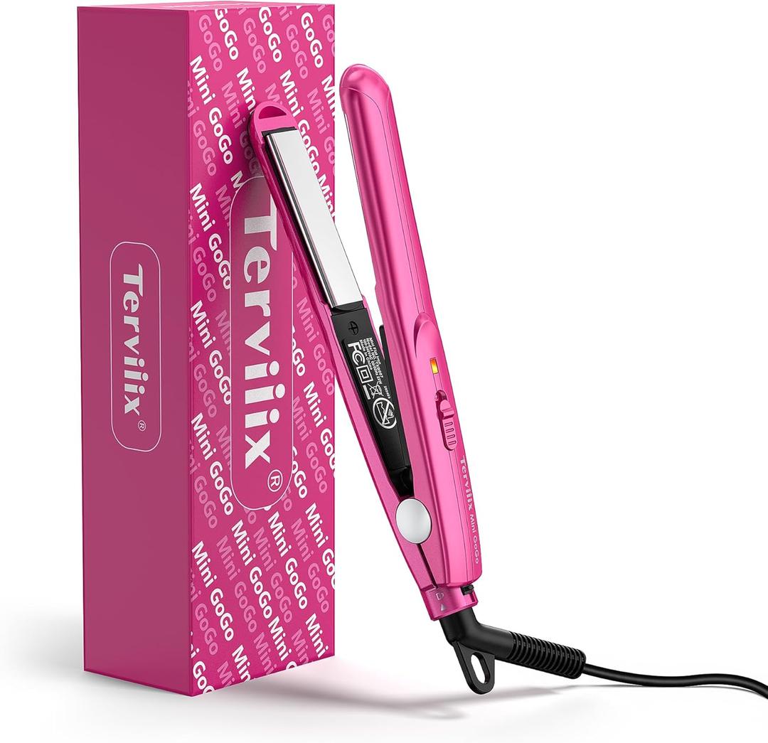 Terviiix Mini Flat Iron for Bangs Short Hair Edges, 1/2 Inch Small Ceramic Hair Straightener and Curler 2-in-1, Travel Flat Iron with Dual Voltage, 430F Fast Heat, Pouch - Pink
