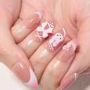 Easter Pink Cute Bunny Teens Press On Nails Medium Almond Fake Nails for Girls With 3D Flower Bow Tie. French Tip Acrylic False Nails, Salon-Quality Reusable Nails for Women(No Glue Included)