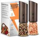 Rechargeable Electric Salt and Pepper Grinder Set, Automatic Gravity Mill with Adjustable Coarseness, Brushed Stainless Steel, Ceramic Blades and Refillable Glass (Bronze grinder - 2 units)