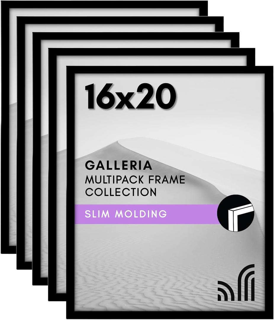 Americanflat 16x20 Picture Frame with Polished Plexiglass - Set of 5 - Galleria Collection - Picture Frames for Wall Display - Black