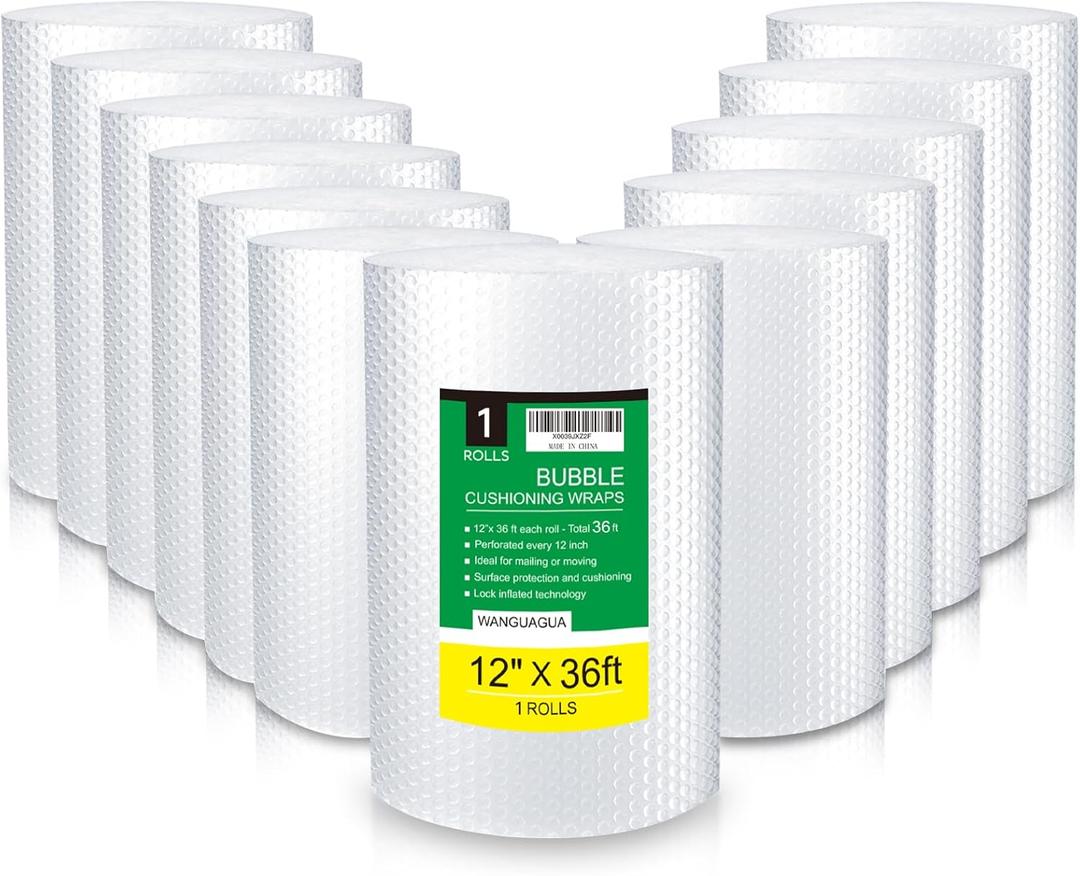 WANGUAGUA Bubble Packing Wrap, Carton of 12 Rolls 12 Inch x 36 ft