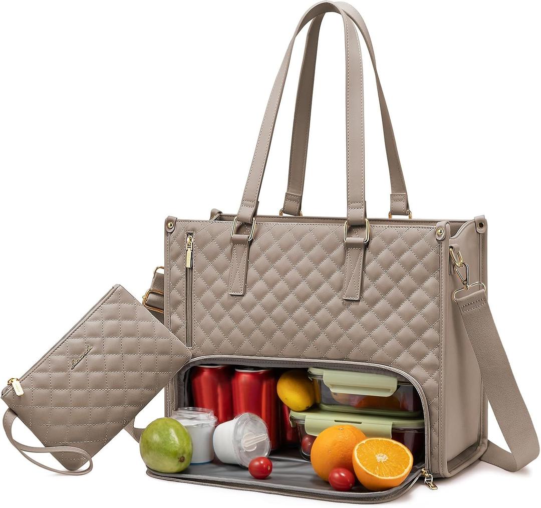 LOVEVOOK Lunch Tote Bag for Women, 15.6 Inch Laptop Bag with Insulated Lunch Compartment, Quilted Large Capacity Computer Handbag with Purse for Business, Work, Collage, Office, Casual, Clay pink