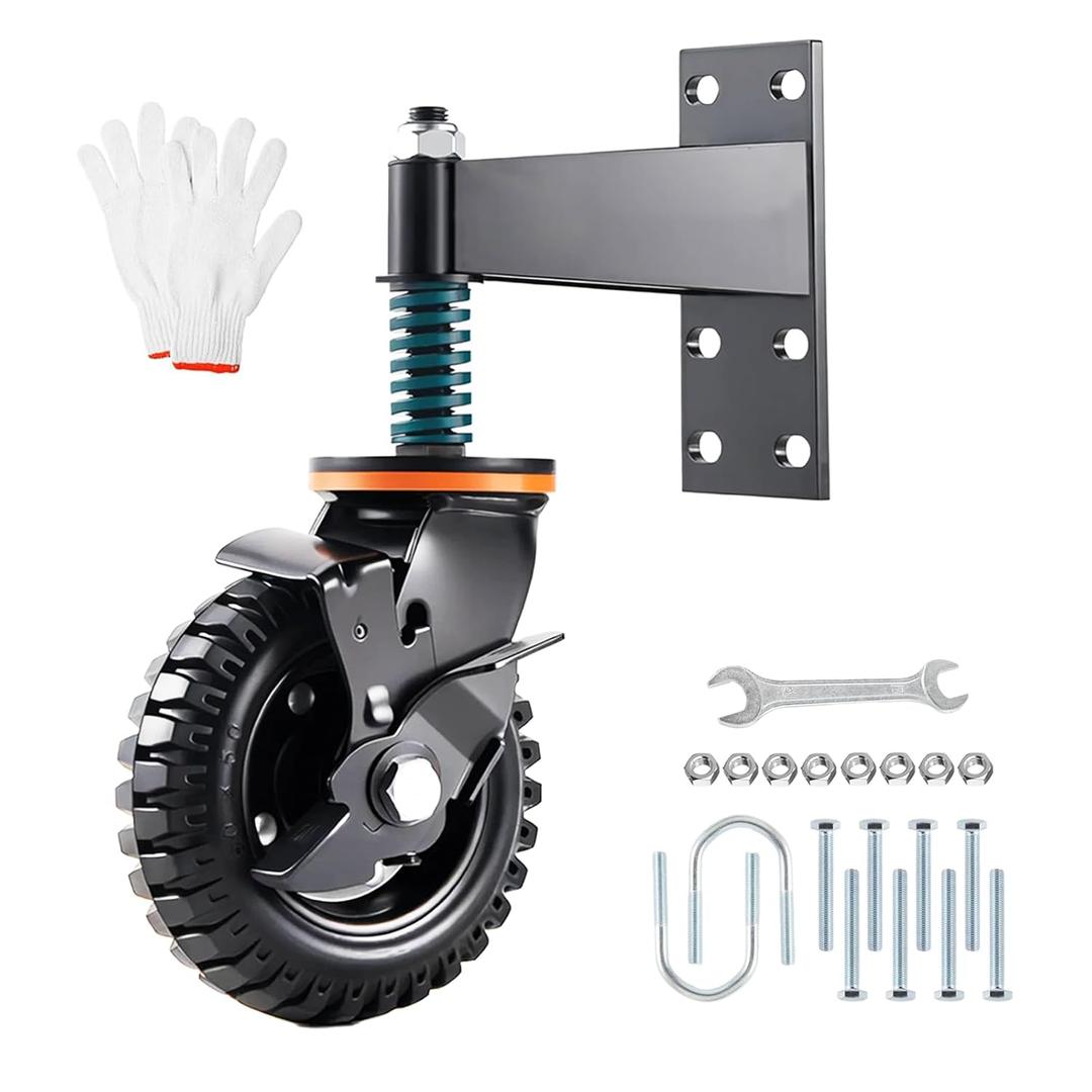 1Pack Heavy Duty Fence 6inch Gate Wheel with Brake, 360 Degree Rotation, Spring Shock Absorbing, Black, Rubber & Metal, 500LB Capacity