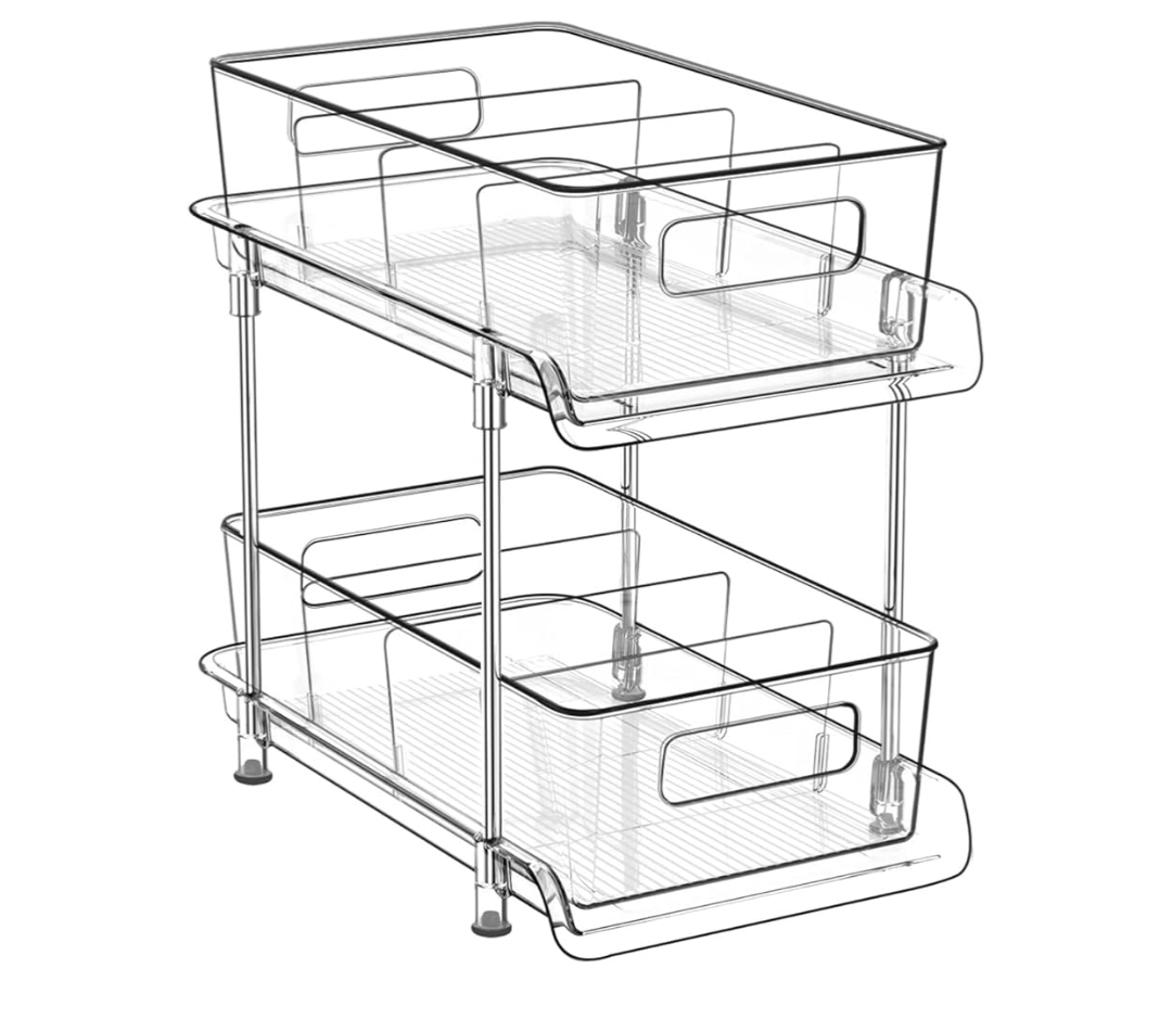 HIHEGD 2-Tier Bathroom Organizer with Dividers, Clear Under Sink and Pull-Out Cabinet Organizer for Kitchen and Pantry Storage