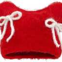 Women Fluffy Knit Beanie Hats Cute Bow Knot Cat Ear Hat Y2k Aesthetic Accessories Kawaii Stuff (One Size, Red)